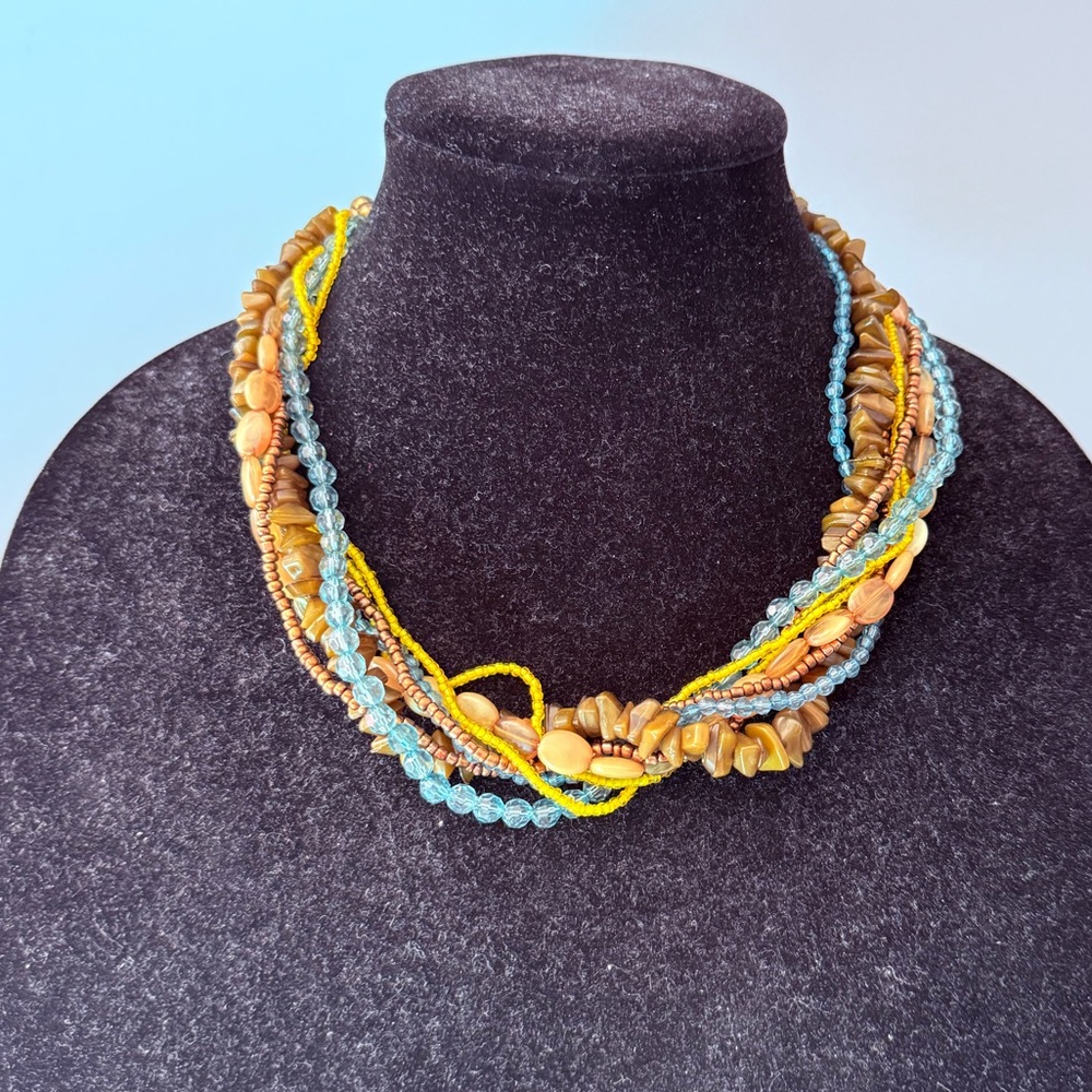 Vintage Blue and Yellow Beaded Necklace - Picture 1 of 5